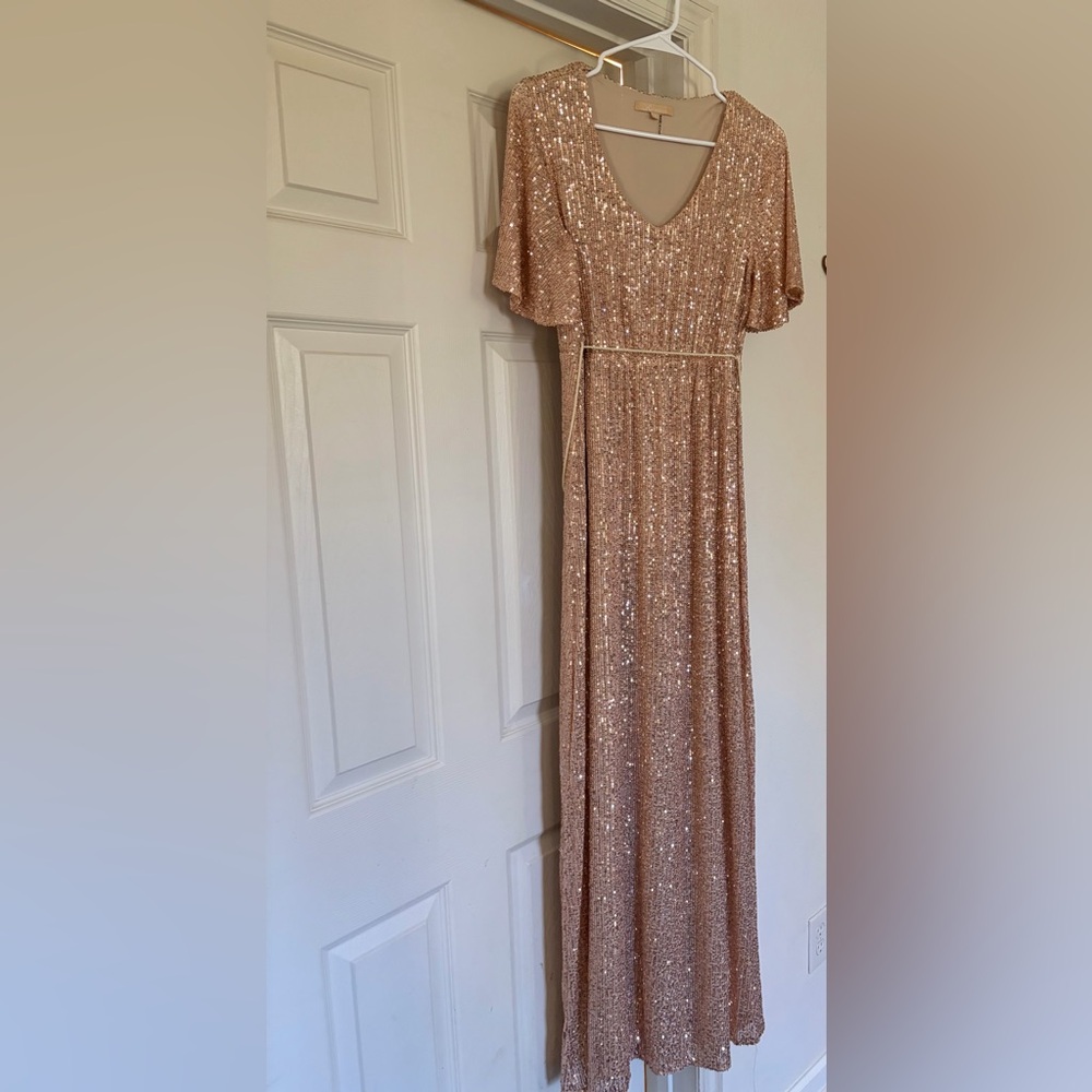 Rose gold sequence long dress short sleeve women’s maternity size medium